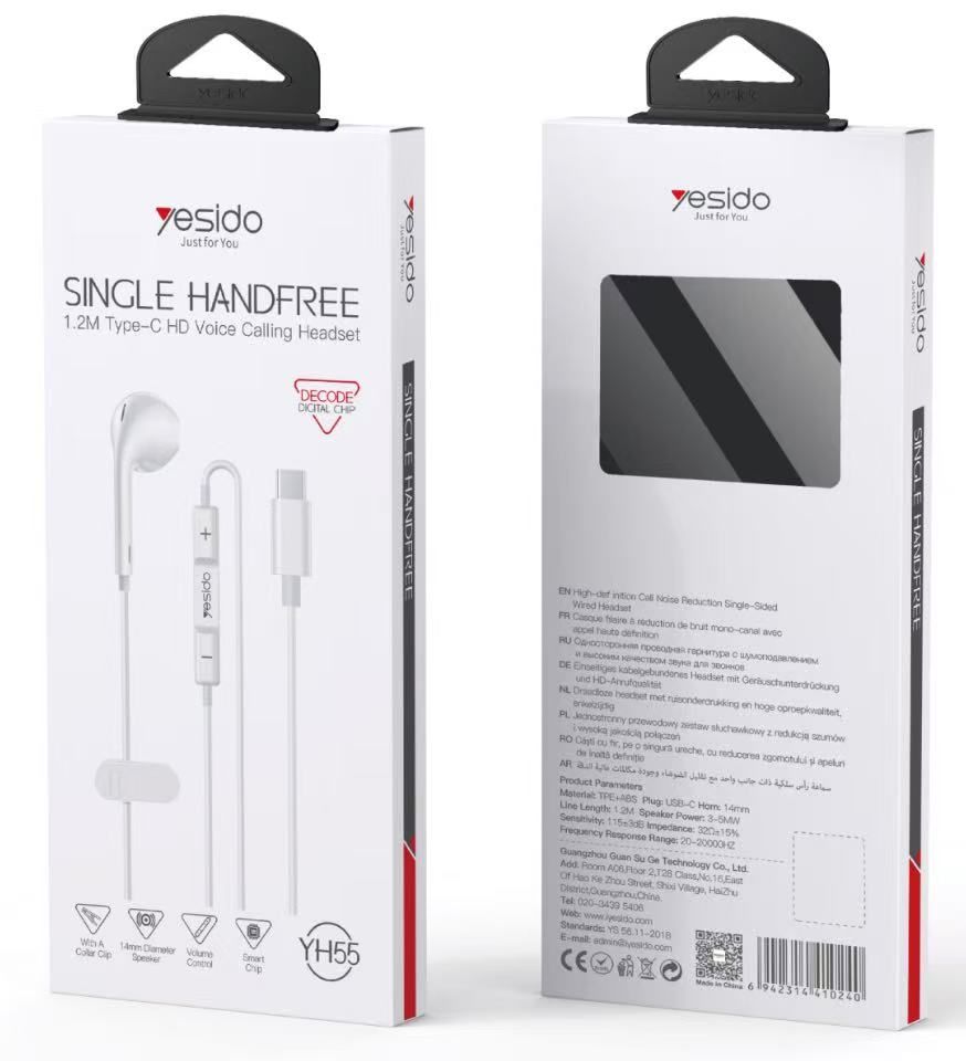 Yesido YH55 Single Handfree Type-C Headphones, 1.2M Black