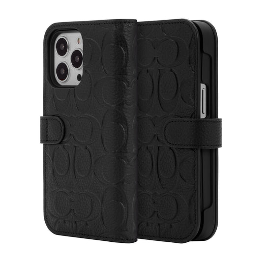 <p>Coach iPhone 13 Pro Leather Folio, Black Emboss Signature C Pebbled Leather</p>