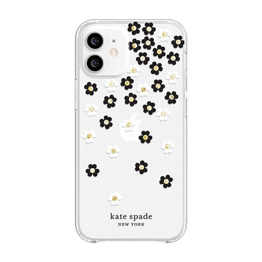 KSNY iPhone 12 mini Protective Hardshell Case, Scattered Flowers Black/White/Gol