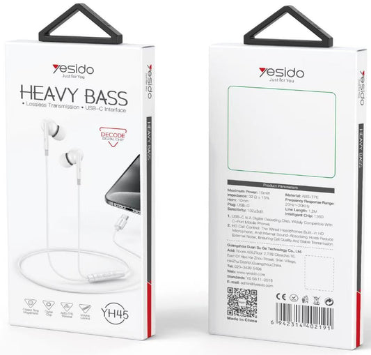 Yesido YH45 Hevy Bass Type-C Headphones, 1.2M White