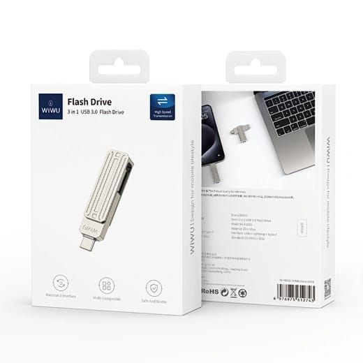 WiWU FD001 3 in 1 USB 3.0 Flash Drive 128GB, Silver
